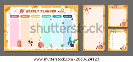 Cute set of printable weekly or daily planner, note paper design, school timetable, scheduler and organizer template and to do list. Vector flat children illustration