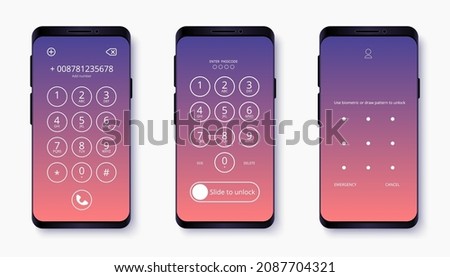 Smartphone with passcode lock screen interface, use biometric or enter pattern pages with gradient wallpaper style. Vector illustration isolated on white background. 