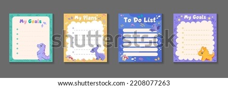 Kids stationery set with memo planners, to-do lists with cute different dinosaurs, template for planning, day agenda, checklists. Vector flat illustration with colorful design