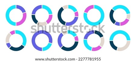 Infographic with circle donut charts. Colorful diagram collection with 1,3,4,5 sections and steps. Pie chart for data analysis and web design. Vector illustration isolated on white background