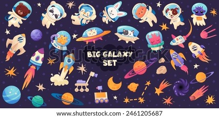 Big Space animal and ufo alien set. Panda, Dog, fox, tiger, cat in spacesuit, galaxy bundle. Astronauts, spaceship, cartoon animal. Vector illustration for kids design