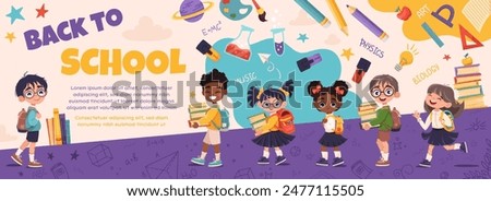 Back to school vector banner design with cute children and education element. Posters with different kids for poster, wallpaper,  print, website. Vector background for your design