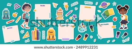 Set of school supplies stickers with back to school concept, educational stickers. Cute school children, notes, plans, to do list, books. Vector cartoon stickers for print, cards, stationery.