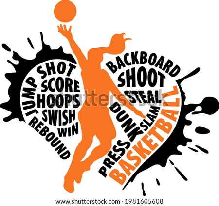 Heart with player silhouette and phrases sports design for basketball fans. Women version. Basketball theme design for sport lovers stuff and perfect gift for basketball players and fans