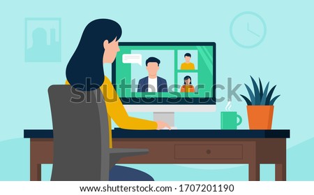 Back view of female employee speak talk on video call with diverse multiracial colleagues on online briefing, woman worker have Webcam group conference with coworkers at home, vector illustration
