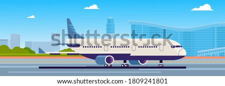 Airport Terminal With Aircraft Flying Plane Taking Off Flat Vector Illustration, Airport control tower, terminal building and parking area. Cityscape. Sky with clouds