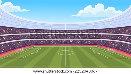 Soccer stadium perspective background with green lawn,  blue sky vector illustration