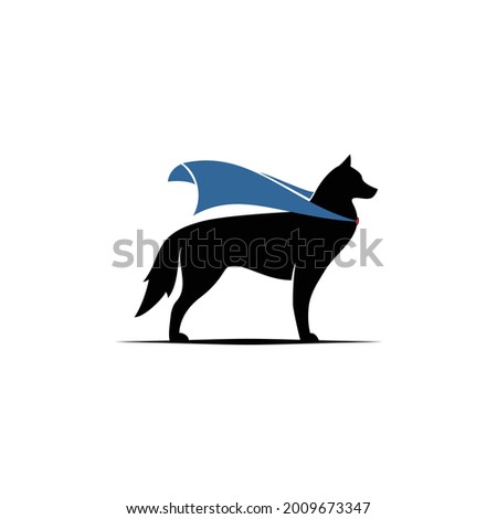 super hero husky dog silhouette with wavy blue wing logo design vector illustration