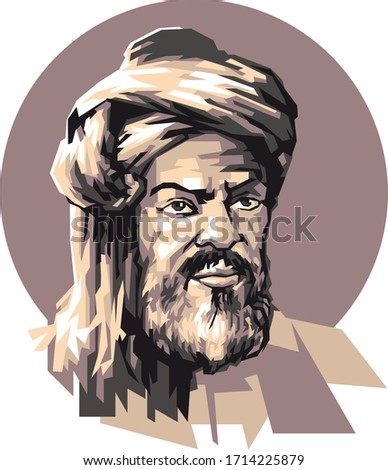 Simple inimal color illustration of Al-Khwarizmi - Persian mathematician, one of the largest Central Asian scientists of the 9th century, round background, isolated style Imagine de stoc © 