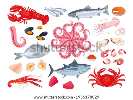 Collection of various seafood: fish, shellfish, crustaceans, octopus. Healthy fresh sea food. Sea creatures. Vector illustration, cartoon, icons, symbols, signs, stickers, poster, banner