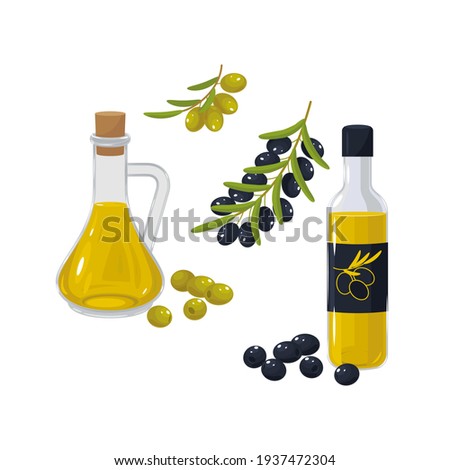 Olive oil in two containers, a jug and a bottle with olives and olive branches. Vector illustration isolated, cartoon, icon, symbol, object, sticker, design element for menu, poster, label, packaging