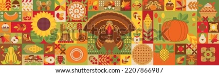 Thanksgiving day geometric mosaic background with symbols of holiday. Autumnal festive modern trendy background, texture, wallpaper, banner, flyer, invitation