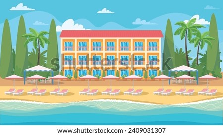 Summer landscape, hotel on the seashore, tropical plants, palm trees, beach with chaise-longue and umbrellas. Resort, sanatorium, beach vacation, relaxation. Vector illustration, background, banner