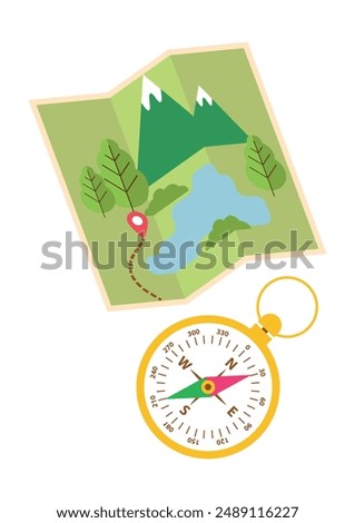 Tourist copass and map with abstract terrain. Hiking accessories for orienteering. Device, appliance, navigation tool, method of determining direction. Icon, symbol, object isolated