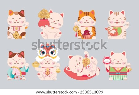 Set of lucky cats with raised paw holding various money symbols. Maneki-neko tricolor, tangerine, white, with coins, purse, fish, gold bar, daruma kitten, in kimono and in dragon mask