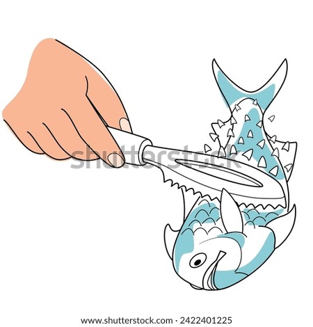 Hand holding a fish scale cleaning tool to remove fish scales vector illustration