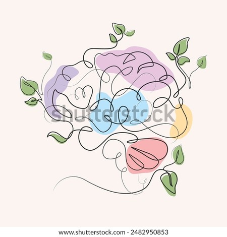 Brain with growing plants one line drawing. Brain with growing plants single line illustration. Brain with growing plants minimalist line art