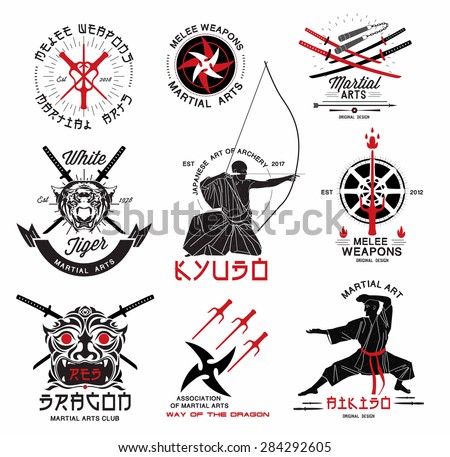 Set of martial arts, ?riental weapons and samurai logo, emblems and design elements. Illustration crossed samurai swords, athletes in kimono and  asian mask.