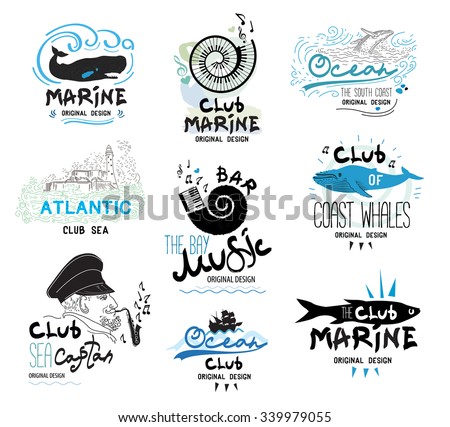 Set of retro clubs and bars logo and emblems. Design elements and icons to the theme of the sea and music. Music logo. The music icons. Sea, ocean icons and elements.