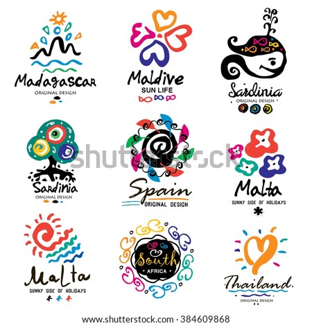 Summer logo. Down South the emblem of the brand. South island Logo. The equator logo. Tourist marks made with ink. Logo of tourism is handmade. Outdoor sign. Vacation, holiday set design element.