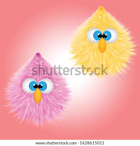 Monster concept,Vector Cute Pink and yellow Fur Toy Souvenir with Blue Eyes Isolated on Red Background,funny hairy cartoon pink and yellow,