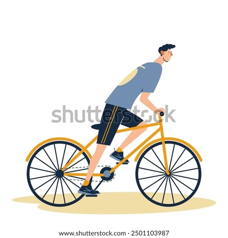 Happy man cycling, enjoying bicycle travel. Person riding bike, eco-friendly green transport. Young smiling guy cyclist, side view. Flat vector illustration isolated on white background.