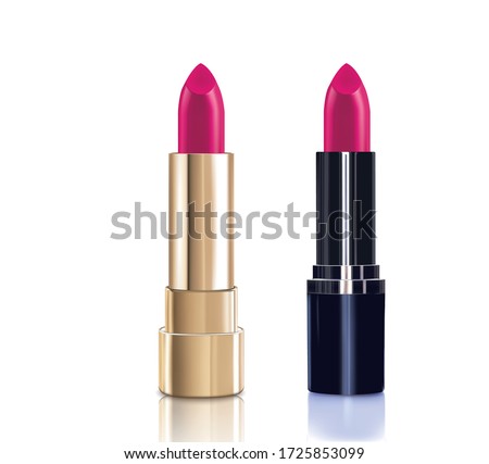 Beautiful red lipstick with lid in gold. Makeup realistic cosmetic vector illustration isolated on white.