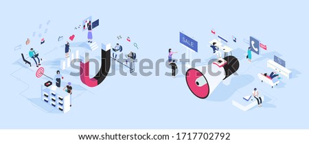 Inbound vs outbound marketing concept vector illustration in isometric design. Magnet and megaphone attract customers by different ways. Isolated objects on background.