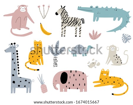 Vector hand-drawn colored children's simple set with cute african animals and plants in scandinavian style on a white background. Elephant, leopard, turtle, zebra, monkey, crocodile. Cartoon animals.
