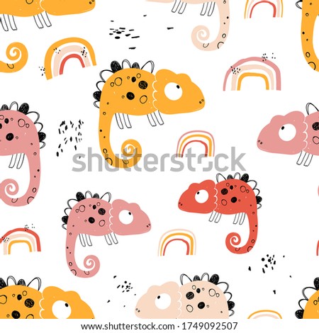 Vector hand-drawn colored childish seamless repeating simple flat pattern with chameleons and rainbows in scandinavian style on a white background. Cute baby animals. Pattern for kids with chameleon.