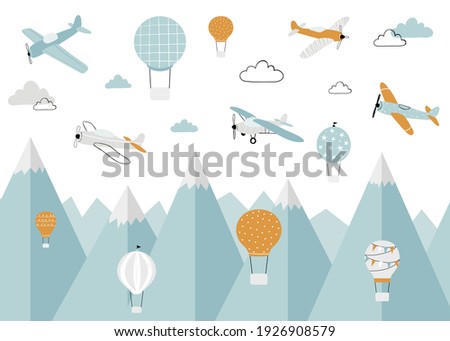 Vector color children hand drawn  mountain, aircraft, air balloon and clouds illustration in scandinavian style. Children's wallpaper. Mountainscape, children's room design, wall decor.
