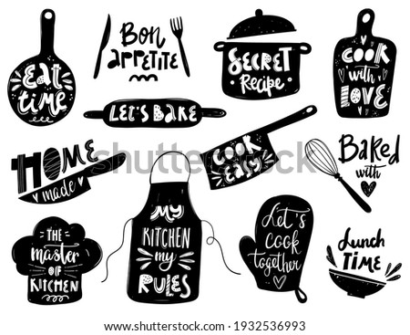 Hand written vector cooking lettering set on white background. Vector cooking lettering set with kitchenware silhouette. Design concept for cooking classes, courses, food studio, cafe, restaurant.