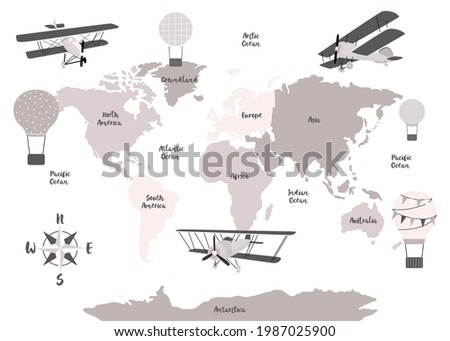 Vector world map for kids with cute cartoon planes and air balloons. Children's map design for wallpaper, kid's room, wall art. America, Europa, Asia, Africa, Australia, Arctica. Vector illustration.
