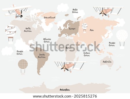Vector world map for kids with cute cartoon planes and air balloons. Children's map design for wallpaper, kid's room, wall art. America, Europa, Asia, Africa, Australia, Arctica. Vector illustration.