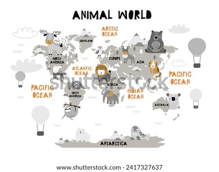 Vector world map for kids with cute animals. Children's map design for wallpaper, kid's room, wall art. America, Europa, Asia, Africa, Australia, Arctica. illustration. Animal world. Continents. 