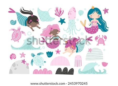 Vector set with cute mermaids. Children's illustration of girls princess mermaids. Sea. Ocean. Turtle, stingray, octopus, jellyfish, crab, shells. Waves. Underwater landscape, the bottom of the sea.