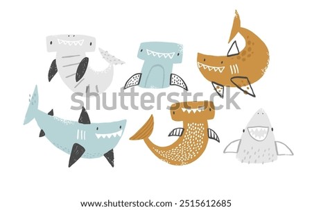 A set of cartoon baby sharks. Cute hand drawn vector sharks on white background. Hammerhead shark. Funny illustration, cliparts for kids. Sea, ocean. Sea inhabitants. Summer.