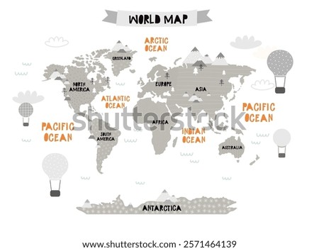 Vector world map for kids with cute cartoon planes and air balloons. Children's map design for wallpaper, kid's room, wall art. America, Europa, Asia, Africa, Australia, Arctica. Vector illustration.
