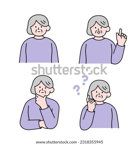 An elderly woman is in a thinking pose, questioning, and pointing her finger, simple style vector illustration.
