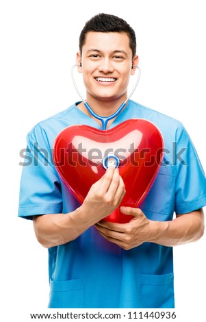 Portrait of happy asian doctor listening to heartbeat isolated on white background