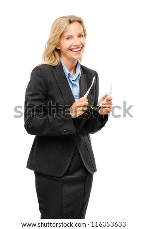 Happy mature business woman holding glasses isolated on white background