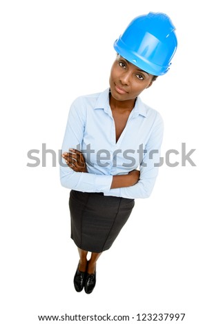 African American woman wearing hard hat construction