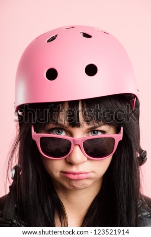 funny woman wearing cycling helmet portrait pink background real people high definition