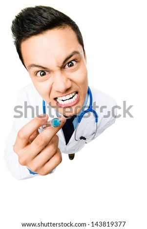 Portrait of happy asian doctor listening to heartbeat isolated on white background