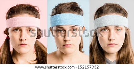 Woman wearing sweatbands Crazy funny faces portrait collection