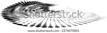 A half-tone polka dot swirl or border with radially converging rays and rushing into the distance beyond the horizon. Black silhouette on a transparent background. Vector.
