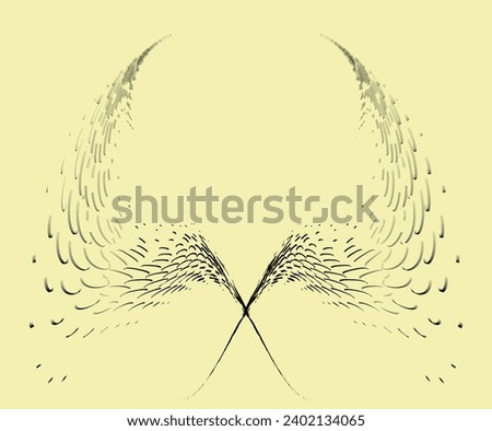 A frame of sketchy smooth strokes of a soaring pair of phoenix wings. Glitch shifting of contours. Simulates motion in a blurred image. Space for copying text. Vector.
