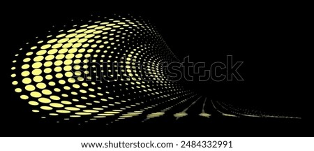 Golden frame of halftone polka dots on black background with radiant glow (as an example of use). Vector.