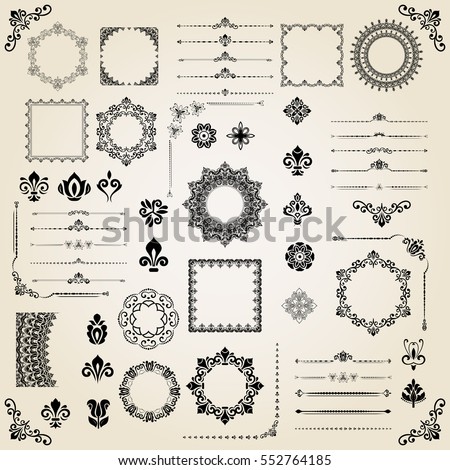 Vintage set of classic elements. Different vector elements for decoration and design frames, cards, menus, backgrounds and monograms. Classic patterns. Set of vintage patterns.