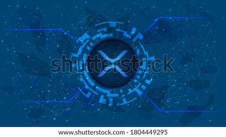 Ripple token symbol, XRP coin icon, in a digital circle with a cryptocurrency theme on a blue background. Digital gold in futuristic style for website or banner. Copy space. Vector EPS10.
